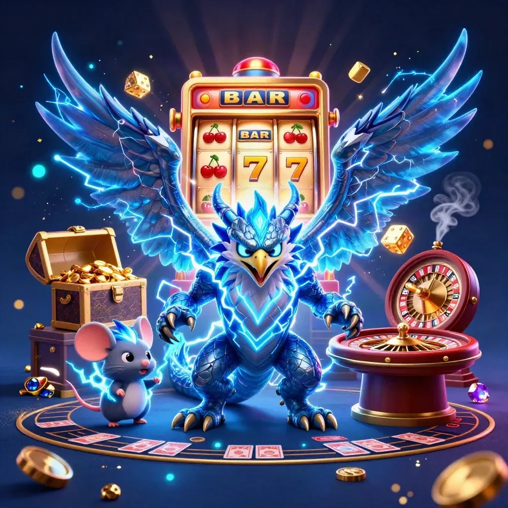 Lightning dragon, glowing hawk, and static mouse amid slot bursts in a luxe icy casino scene.