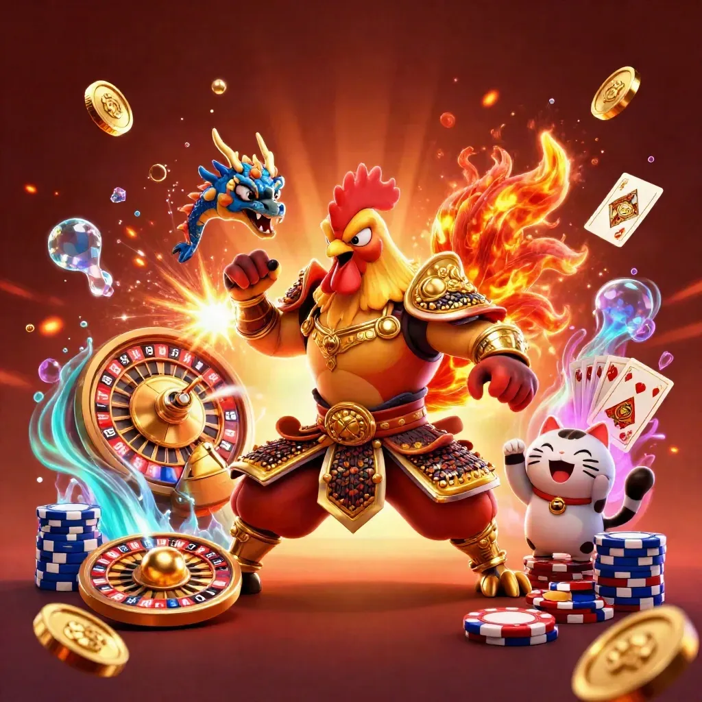 Rooster samurai, dragon hatchling and cheering fortune cat amid coins, gems, chips and a spinning wheel