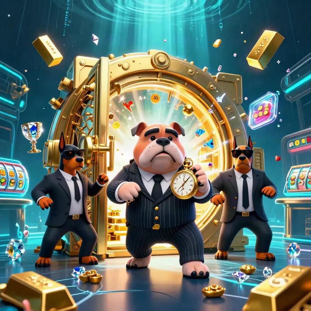 Bulldog mob boss and Doberman guards burst from a glowing gold vault underwater