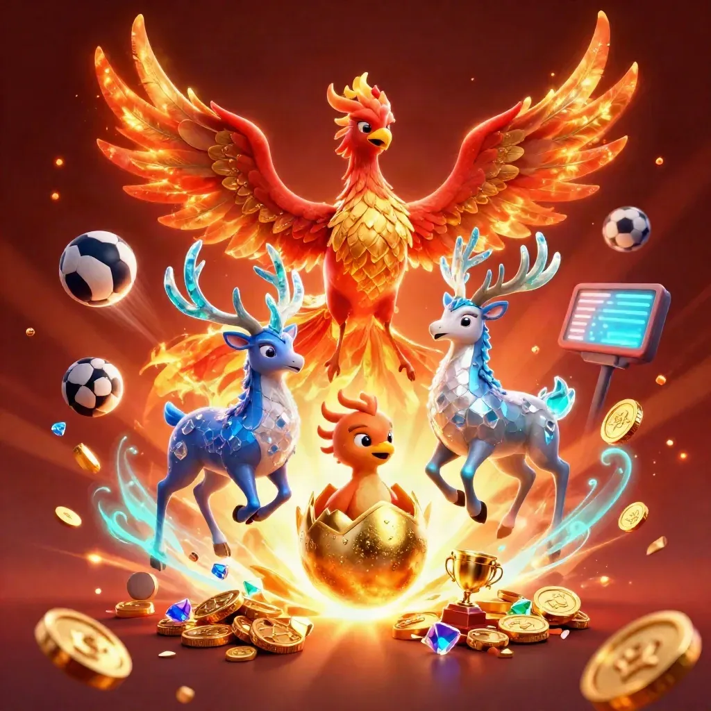 Phoenix, hatching baby, and crystal stag burst through coins, gems, floodlights, and cyan glow