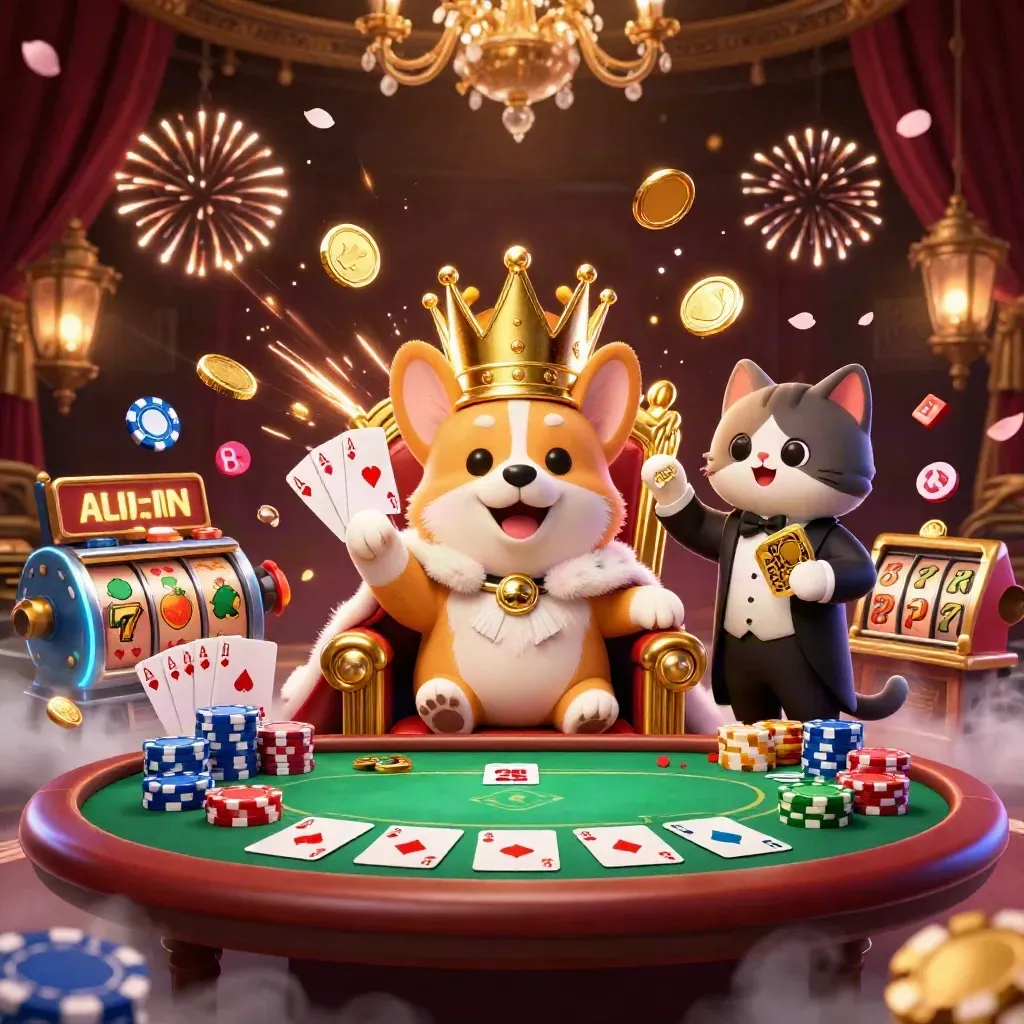 Royal corgi and cat butler amid chips, cards, reels, coins, and fireworks in icy casino luxury.