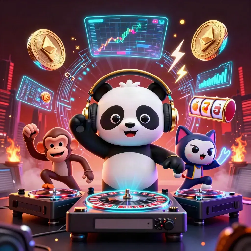 DJ panda, monkey and glow-stick kitten amid cyan casino sparks, coins and roulette wheels