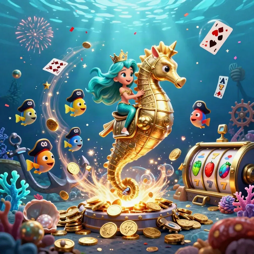 Mermaid princess on a golden seahorse amid coins, fish, coral, reels, and fireworks underwater.