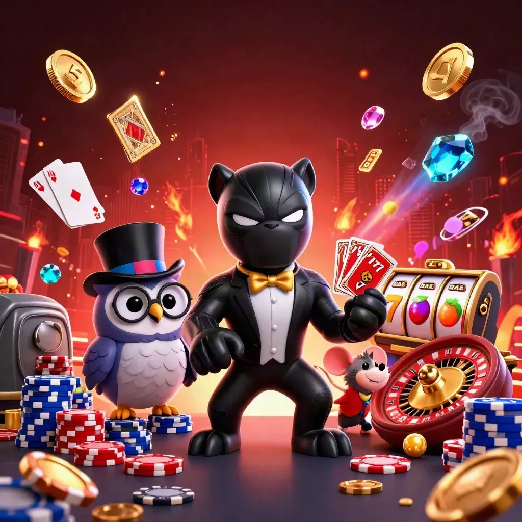 Panther, owl, and mouse amid coins, chips, fireworks, and casino treasures in icy luxe key art.