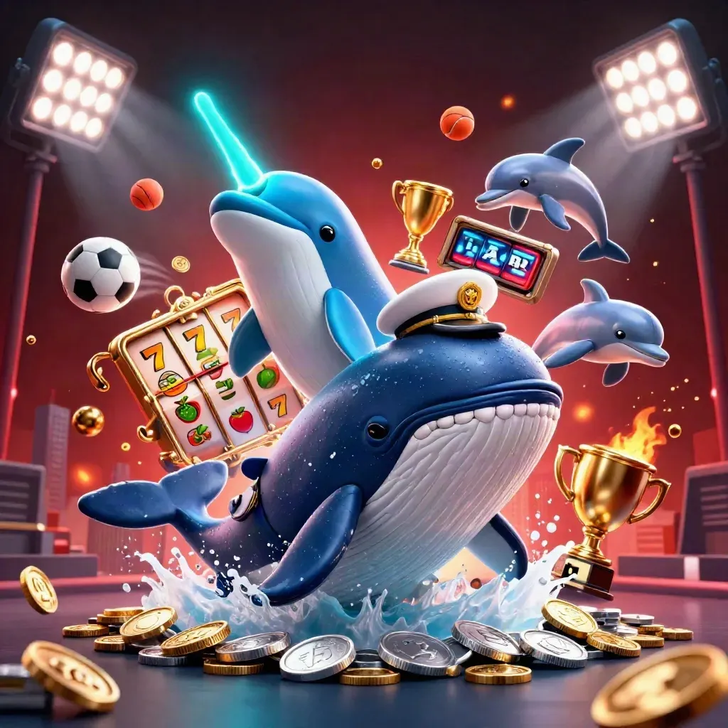 Whale captain, narwhal, and dolphins burst through coins with slot reels and casino power-ups.
