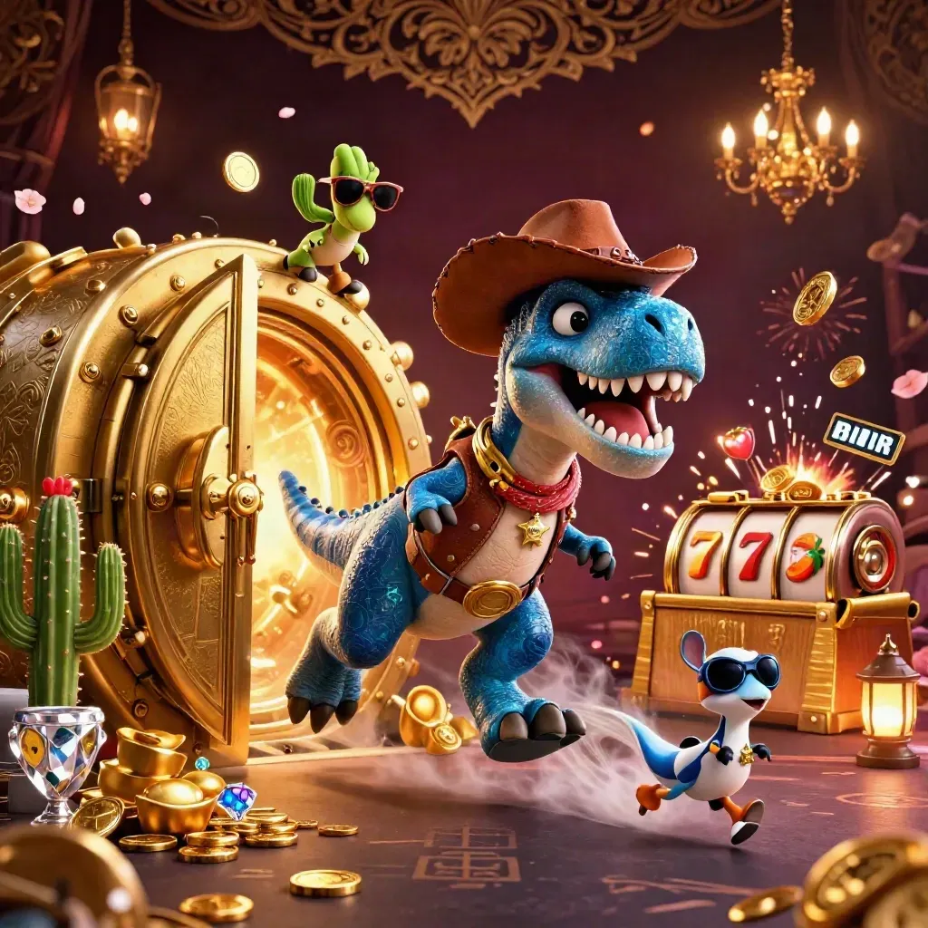 Cartoon T-Rex, cactus, and roadrunner burst from a gold vault with coins and fireworks.