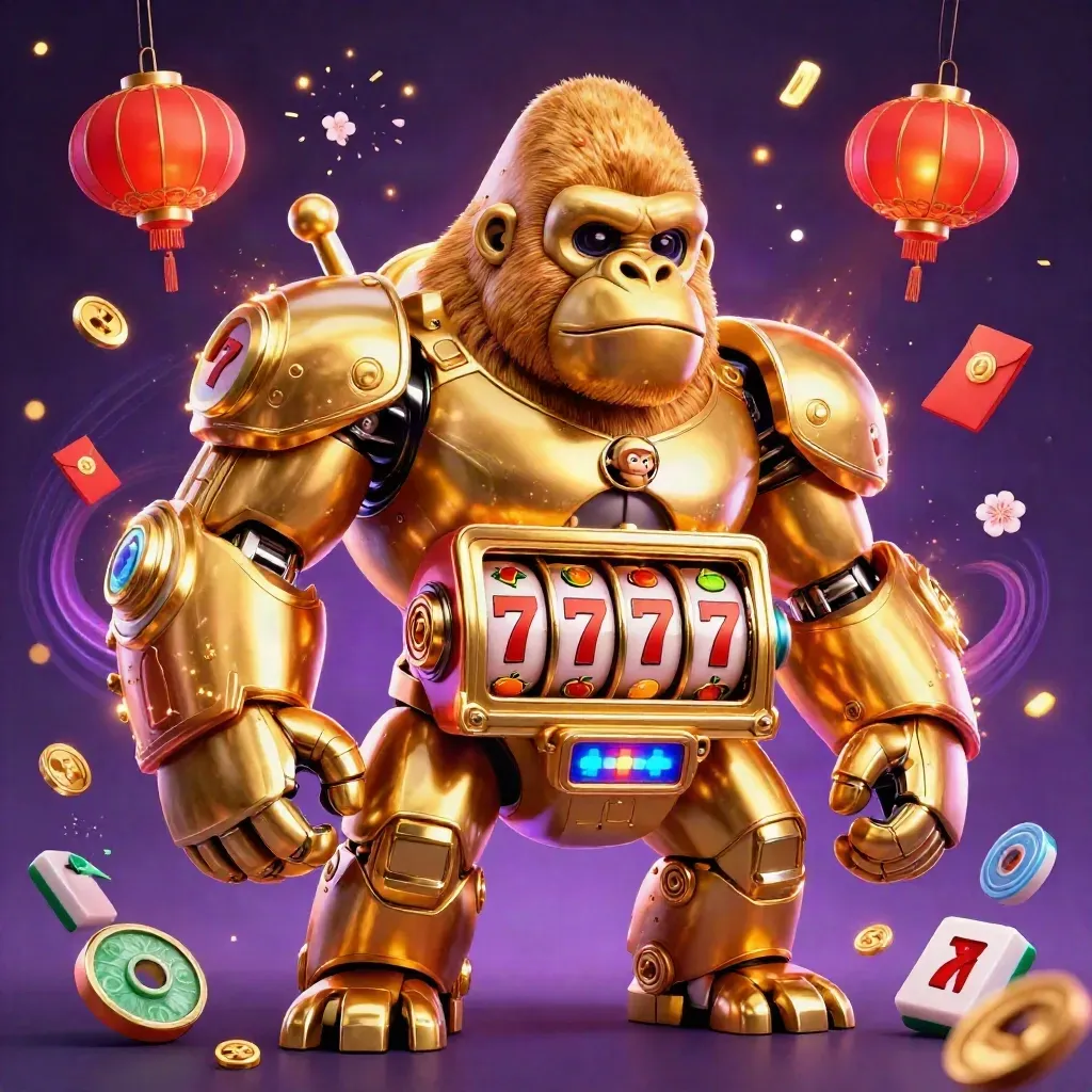 Golden gorilla slot mech with monkey pilot, reels, coins, lanterns, and icy neon casino effects.
