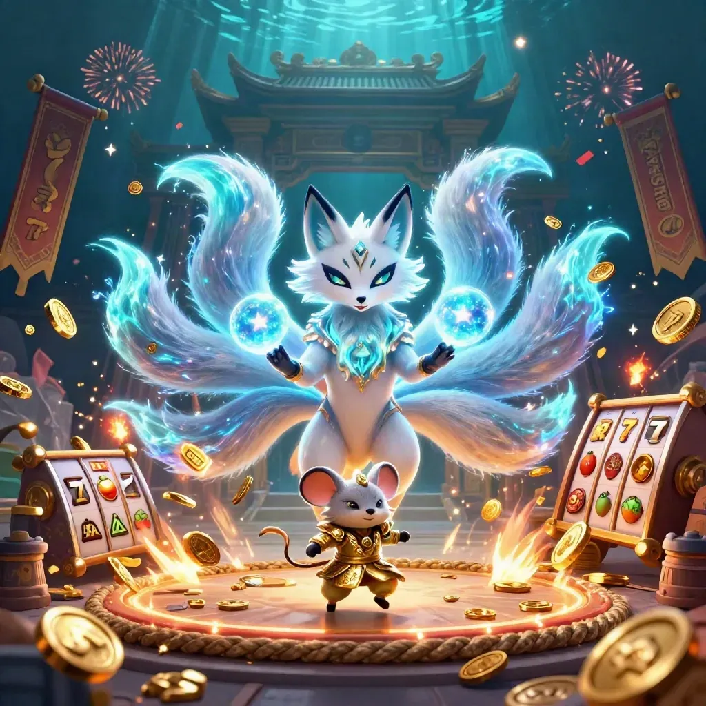 Nine-tailed fox spirit and armored mouse amid coins, reels, fireworks, and icy casino treasure