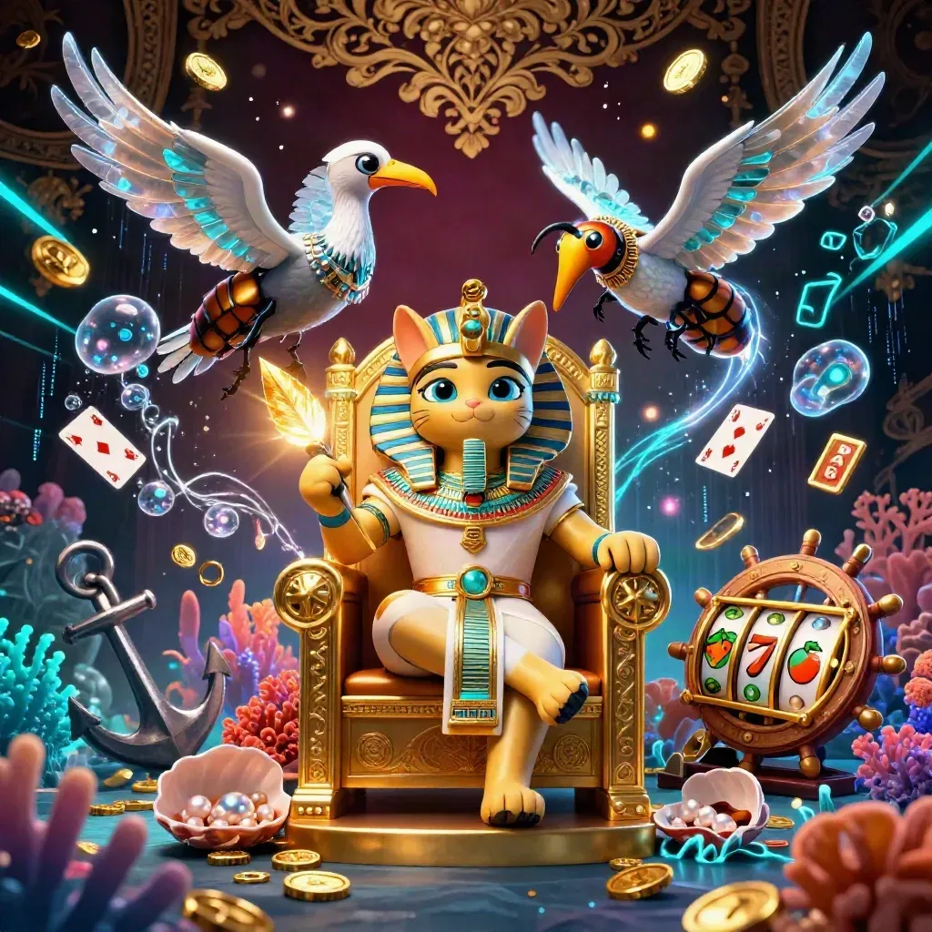 Pharaoh cat, ibis scribe, and gem scarabs in icy casino treasure glow