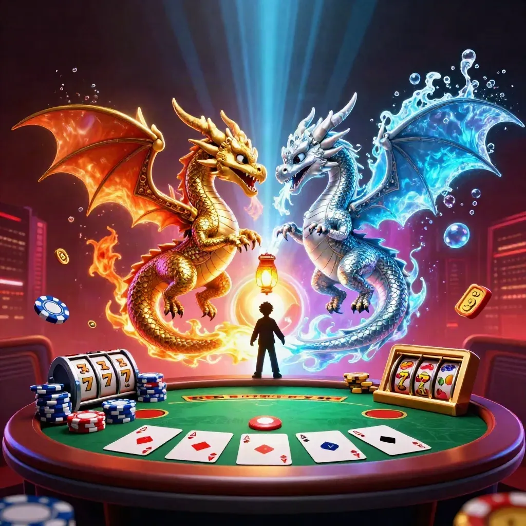 Twin dragons form a yin-yang over casino chips, cards, reels, and cyan ice glow