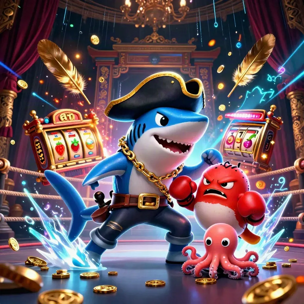 Pirate shark, pufferfish, and octopus amid casino coins, reels, and icy neon energy.