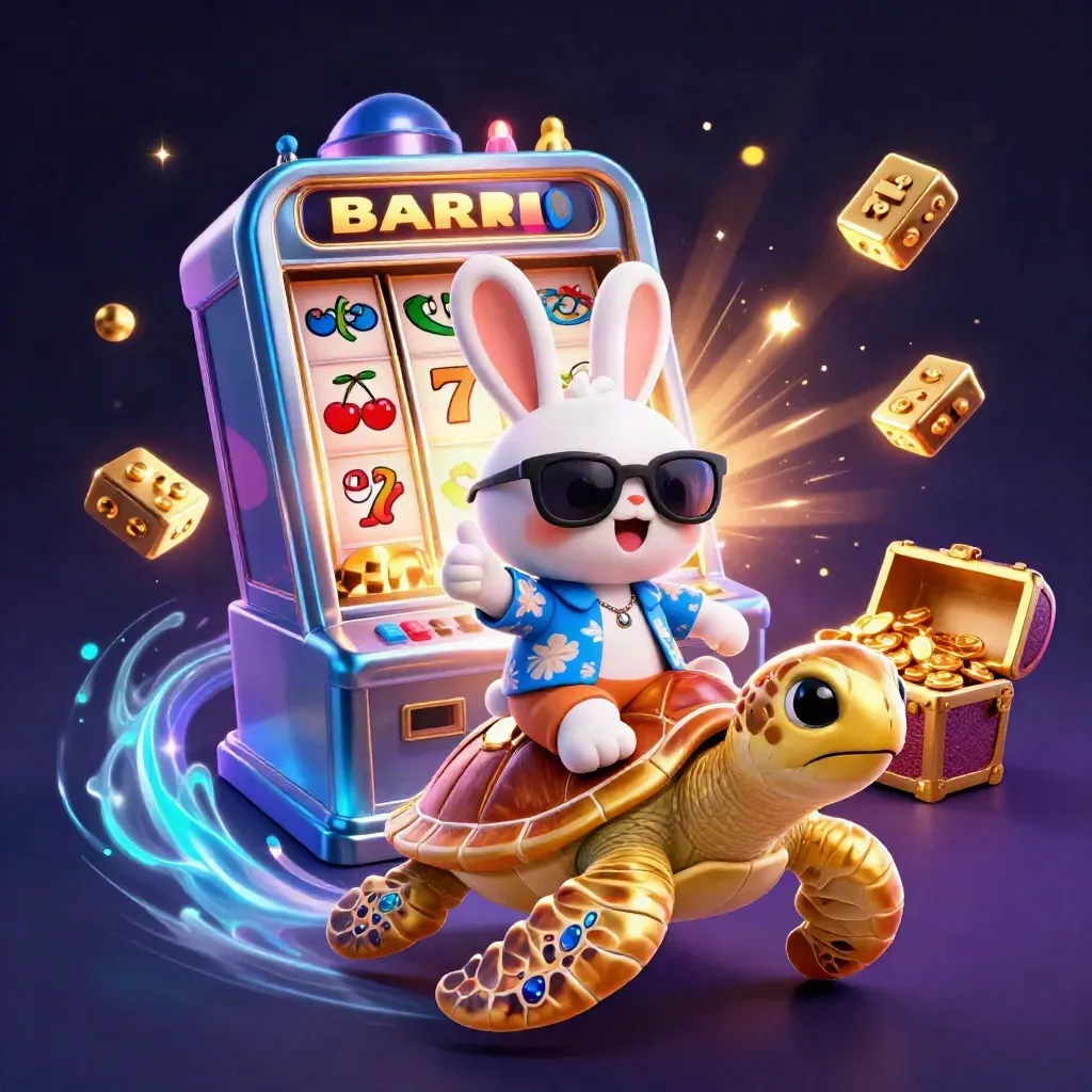 Lucky rabbit rides a jeweled sea turtle amid jackpots, slot symbols, and icy neon glow.
