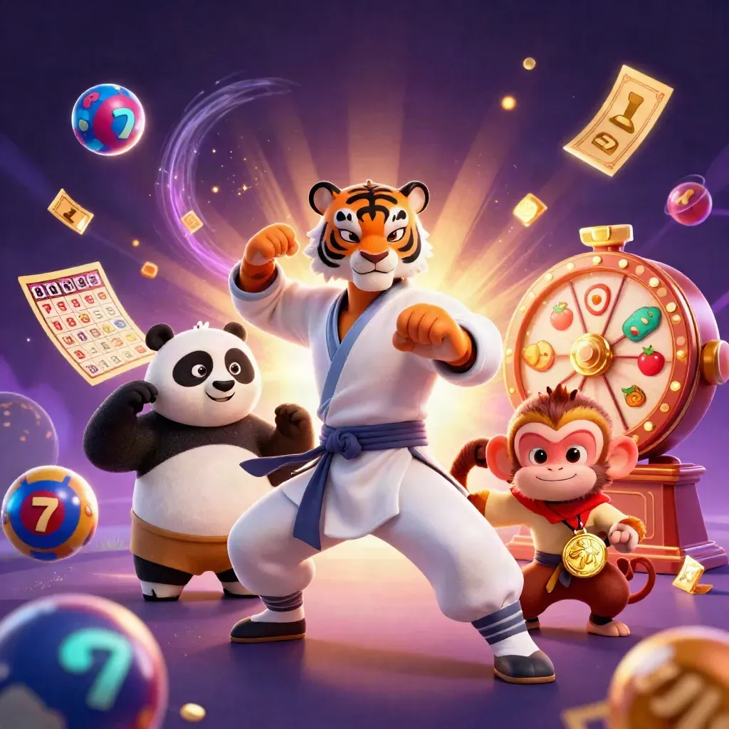 Kung-fu tiger, panda, and monkey amid casino prizes and icy neon light