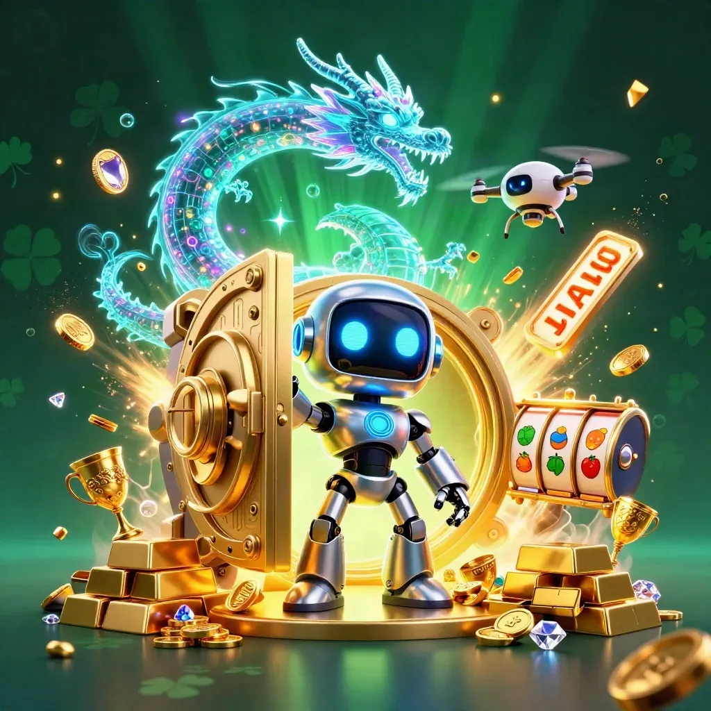 Robot, holographic dragon and coin drone amid vault gold and neon casino glow.