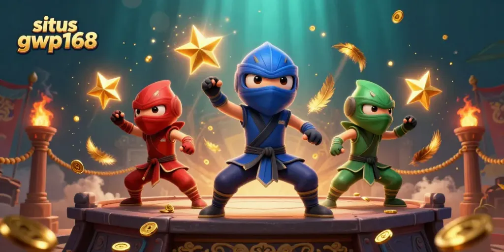 Menghadirkan situs gwp168, tim ninja chameleon 3D beraksi dalam seni bela diri di arena pertarungan yang megah.