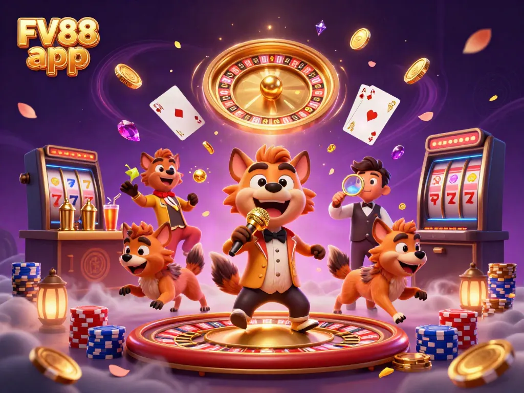 Experience the excitement of the FV88 app with lively gaming scenes featuring cartoon hyenas running a comedic casino club.