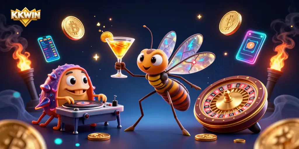 Engage with KKWIN, featuring a vibrant 3D casino scene with a unique frozen mosquito mascot.