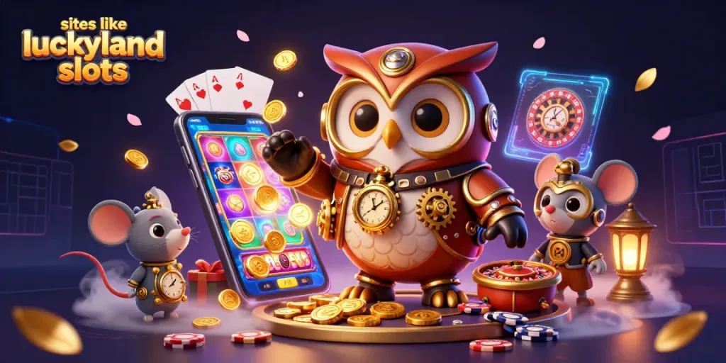 Engage in thrilling entertainment on sites like LuckyLand Slots with dynamic 3D illustration showcasing casino elements.