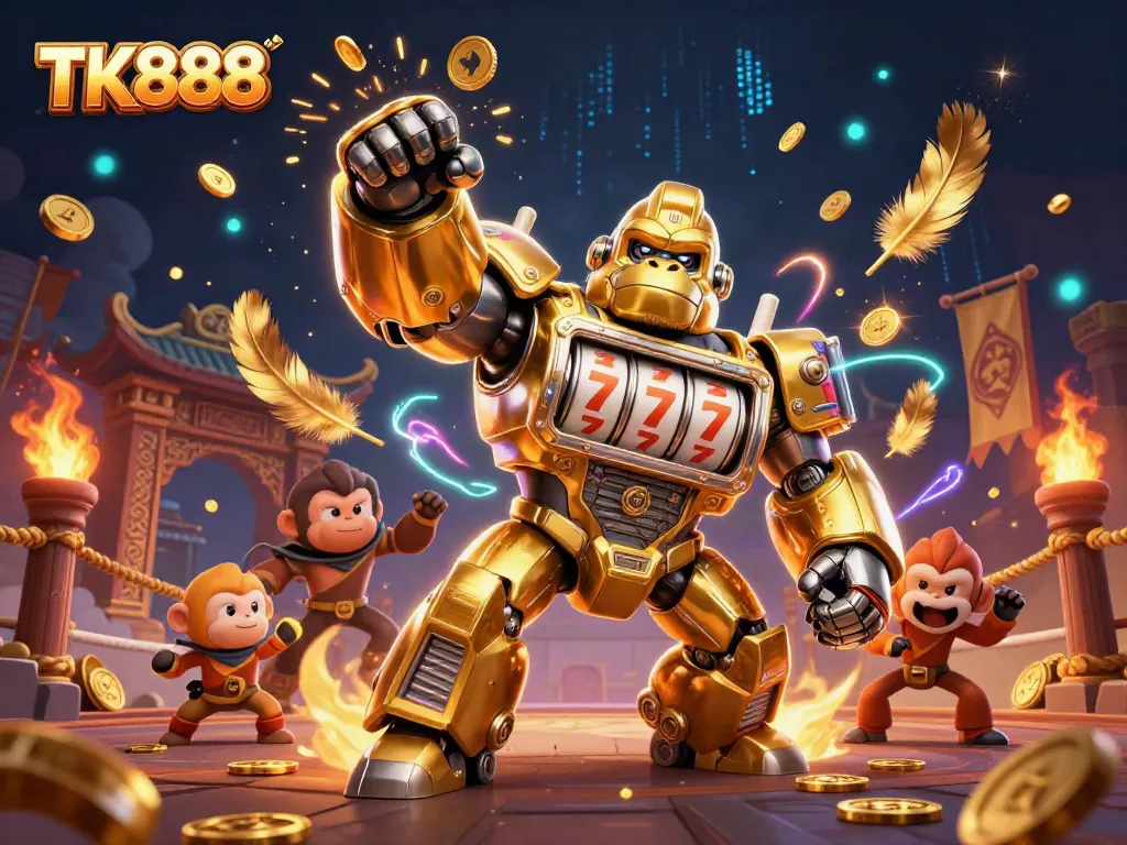 Engaging action with TK888 as a golden gorilla mech explodes with coins in a vibrant casino arena.