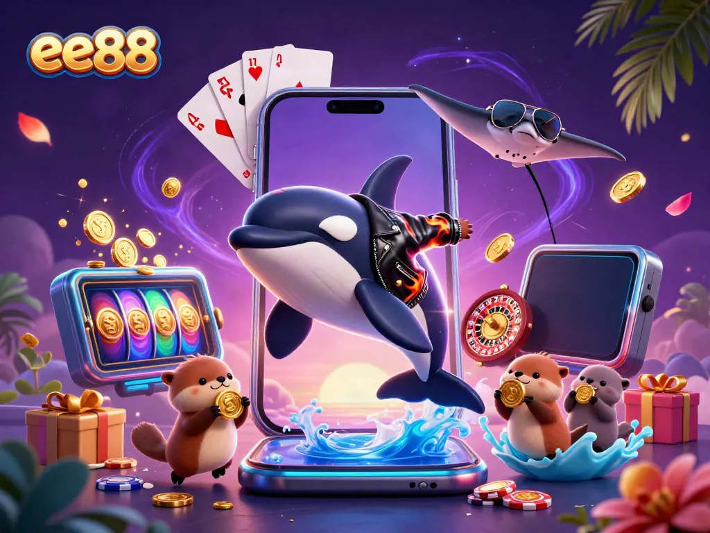 ee88 offers thrilling casino experiences with dynamic games and exciting rewards showcased in this vibrant illustration.