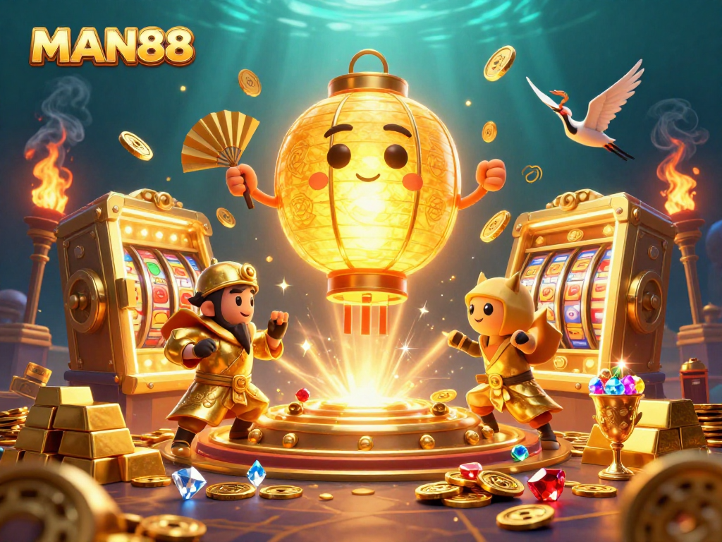 Engaging MAN88 casino experience featuring golden lantern spirit and dynamic slot elements.