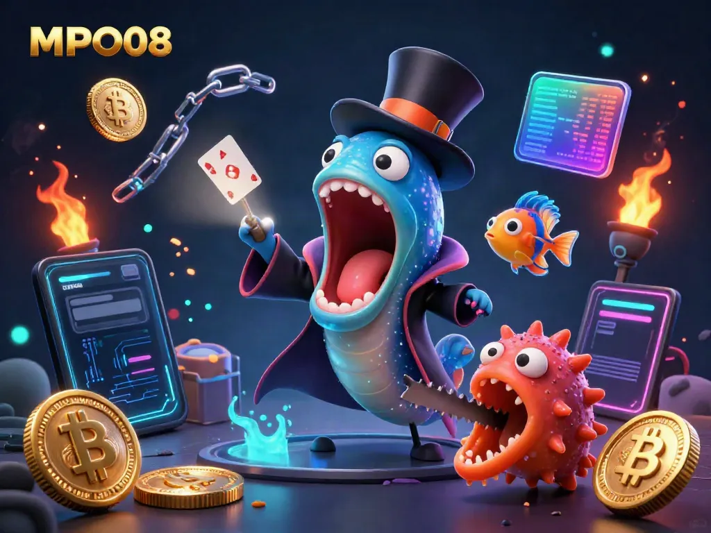 Experience thrilling card tricks with MPO08’s deep-sea characters performing dazzling magic in vibrant casino style.