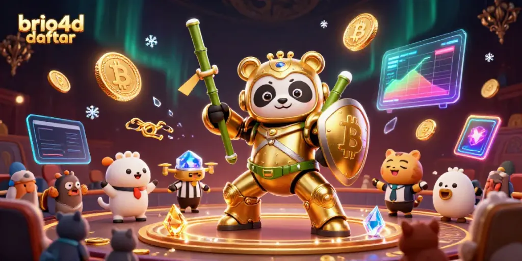 Engage with brio4d daftar through this vibrant scene featuring dynamic gaming action and cryptocurrency elements.