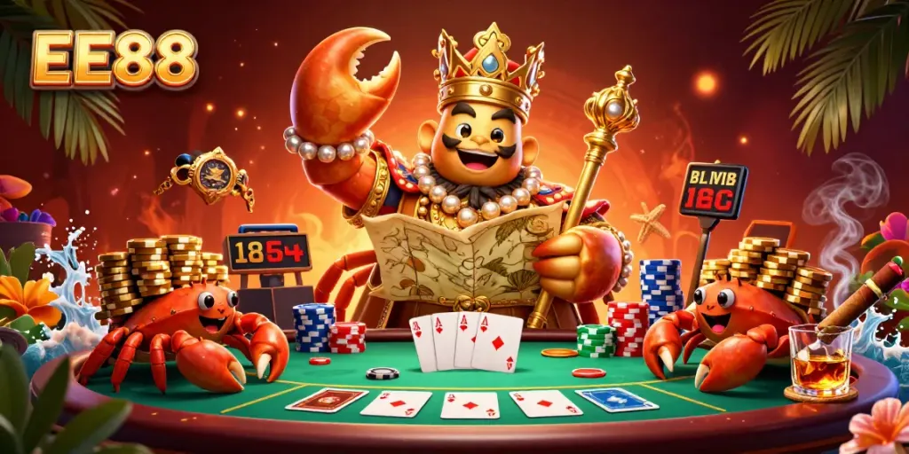 EE88 casino scene with a giant crab emperor holding a scepter, surrounded by poker elements and vibrant atmosphere.
