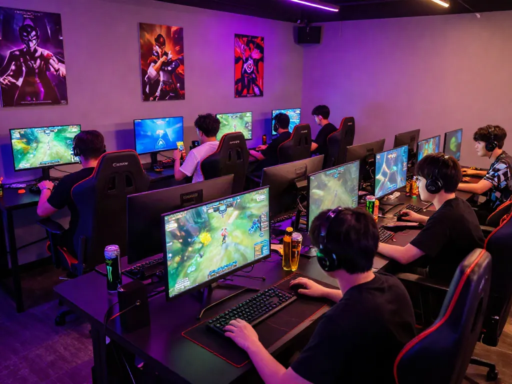 Gamers in a vibrant eSports lounge focused on the juraganbola tournaments.