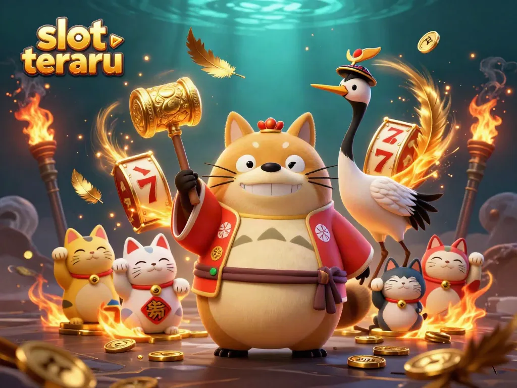 Menangkan slot terbaru dengan ilustrasi 3D tanuki ceria dan elemen slot di latar belakang.