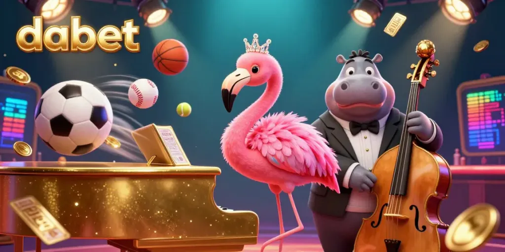 Dabet's vibrant casino illustration with flamingo singer and hippo bassist amidst dynamic sports elements.