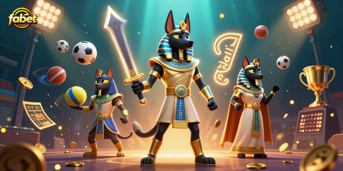 Experience fabet's thrilling gameplay with a dynamic 3D illustration of Anubis and Bastet amidst sports excitement.