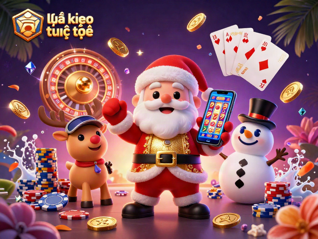 Engage with tỷ lệ kèo trực tuyến while enjoying a festive 3D casino scene with Santa, reindeer, and a snowman.