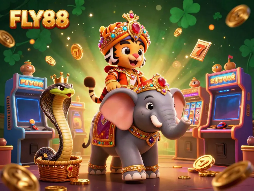 Engage in excitement at FLY88 with vibrant jackpot reels and colorful game elements in an animated casino.
