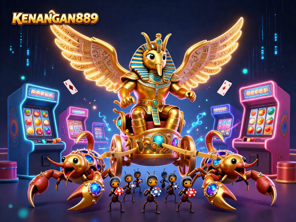 Play with KENANGAN889 in an exciting casino scene featuring vibrant characters and game elements.