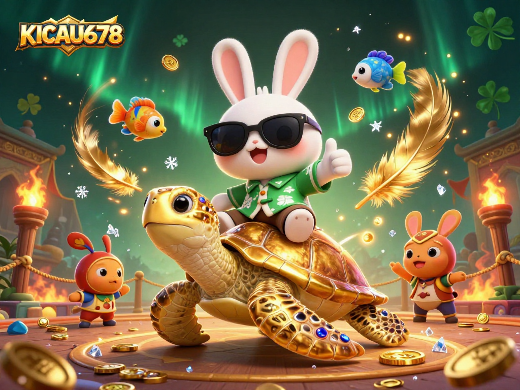 KICAU678 promotes thrilling online gaming with a lucky rabbit and golden turtle in a vibrant casino setting.