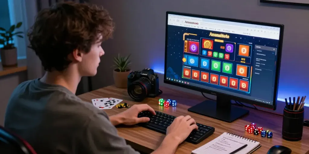 Engaging scene of a player using the AMANAHTOTO online gambling platform with gaming items, reflecting excitement and strategy.