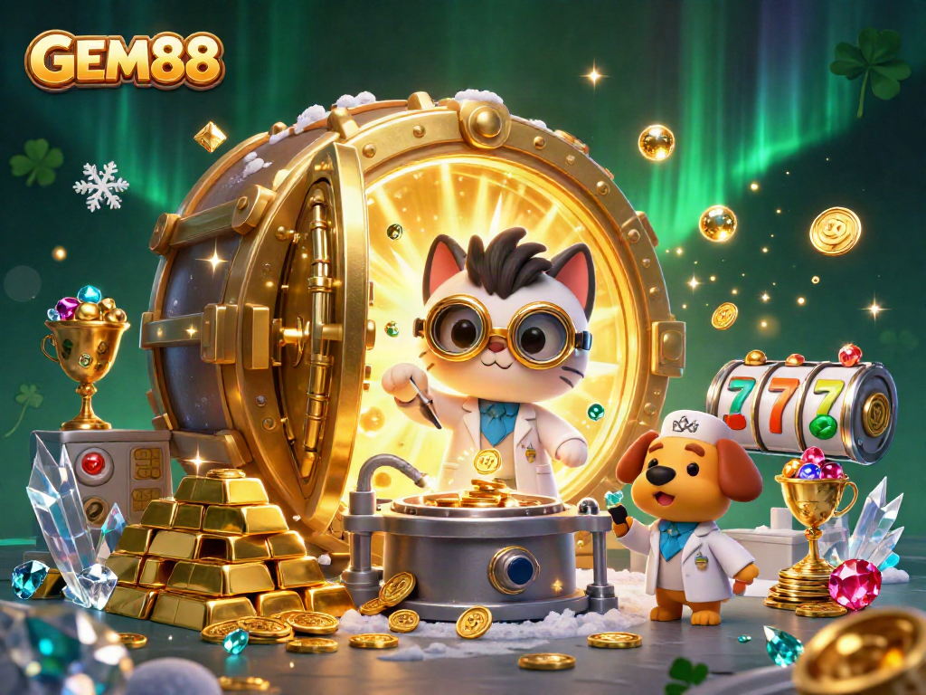 Spin the reels at GEM88 with a mad scientist cat and dog amid treasures and slot machines.