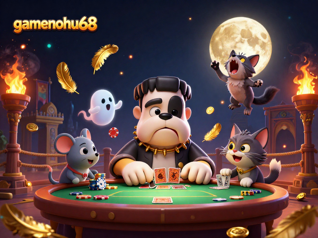 Engage in thrilling poker action with gamenohu68's cartoon scene filled with monsters and gold effects.