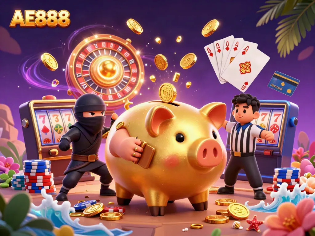 Experience the thrill of AE888 with dynamic characters in a vibrant casino scene filled with action!