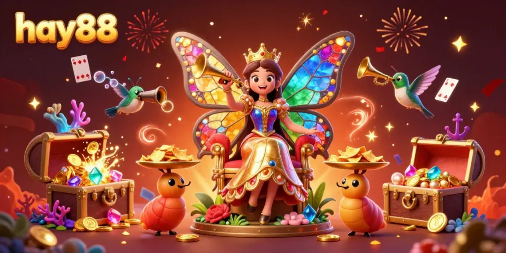 Capture the spirit of gaming with hay88's vibrant butterfly queen illustration celebrating casino excitement.