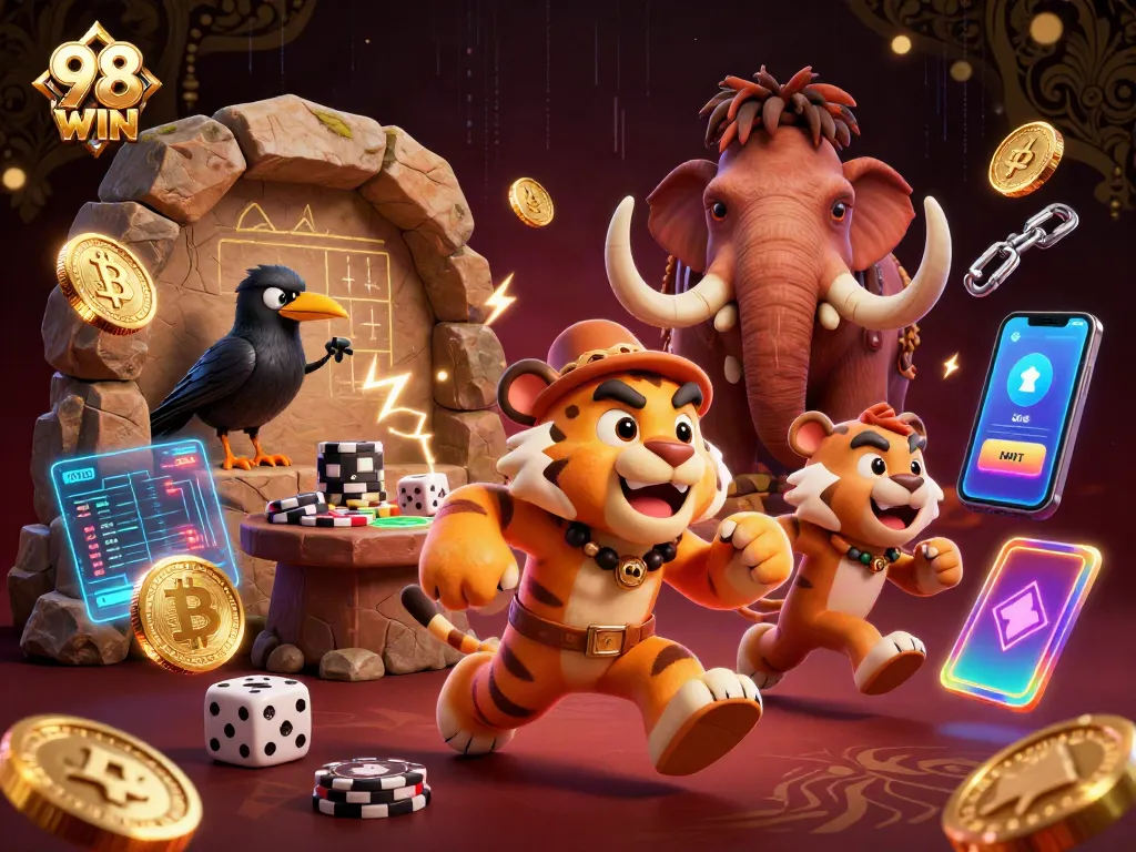 Engage in thrilling bets with 98 WIN at a vibrant prehistoric casino featuring unique characters.