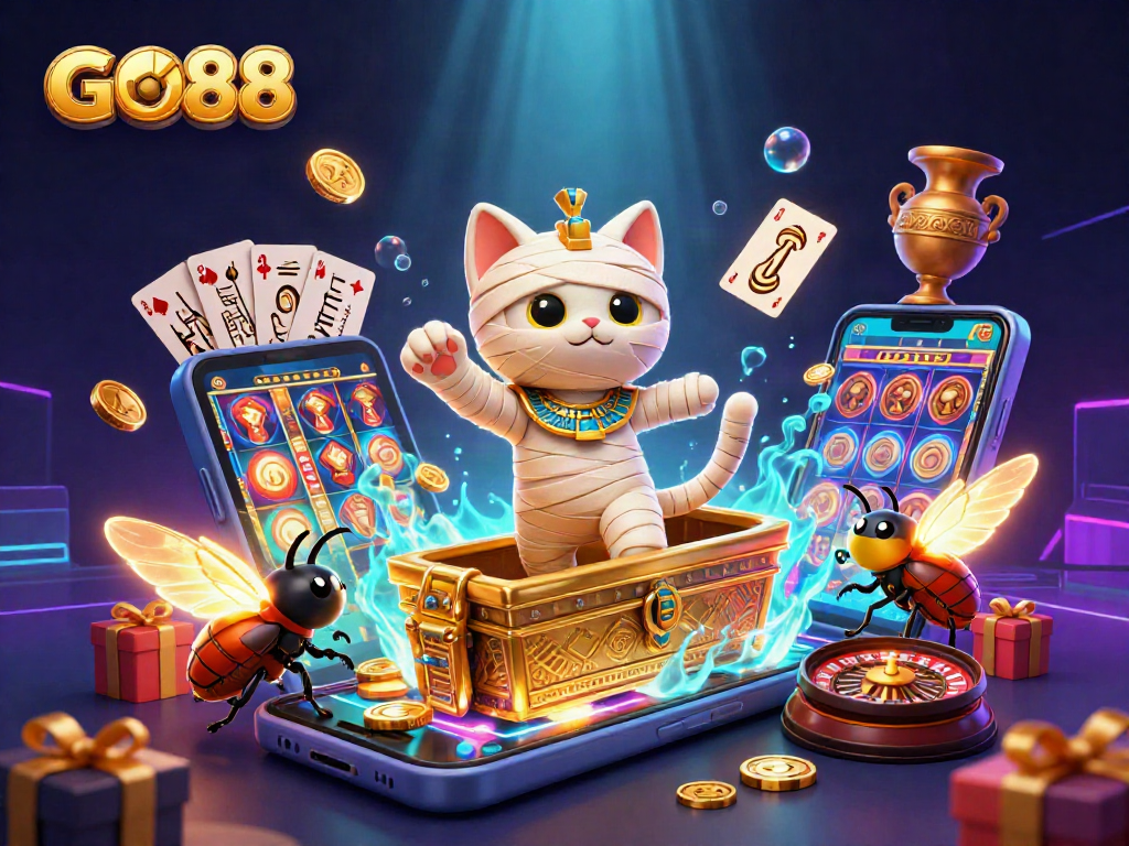 Experience the excitement of GO88 with a vibrant 3D illustration showcasing dynamic gambling adventures.