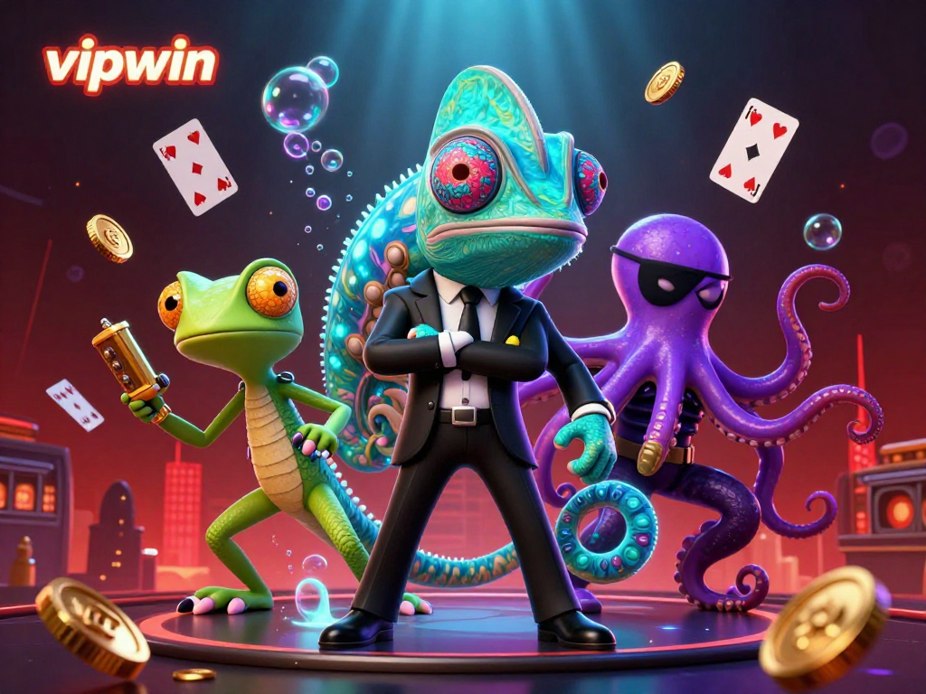 Experience the excitement of vipwin as colorful characters and dynamic casino elements collide in this vibrant illustration.