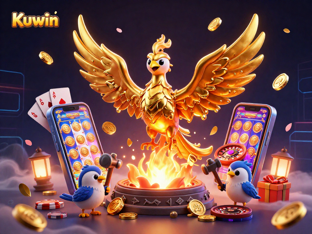 Kuwin features a golden phoenix and vibrant slot games symbolizing the excitement of online gambling.