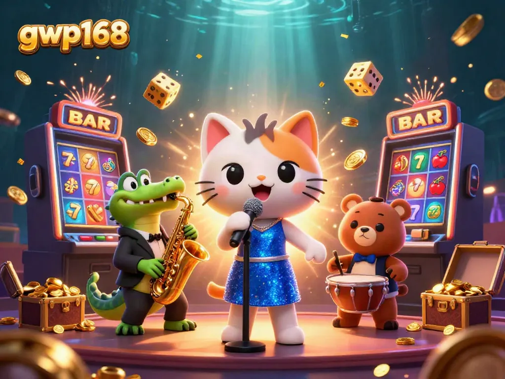 GWP168 menampilkan kucing penyanyi jazz di panggung kasino mengelilingi mesin slot dan elemen keberuntungan.