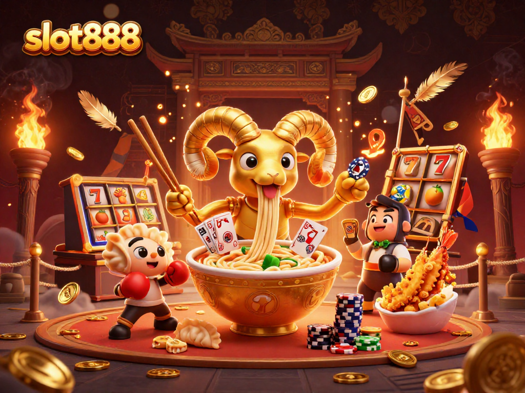 Menang slot888 dengan simbol buah dan jackpot dikelilingi karakter unik dan efek dramatis.
