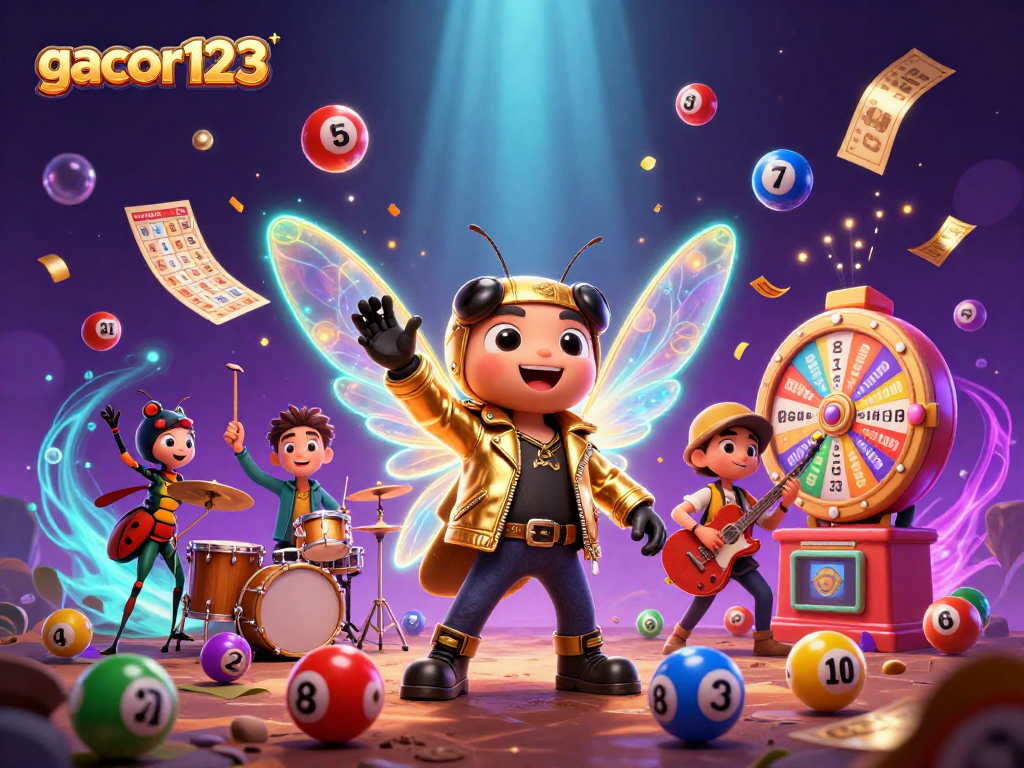 Play exciting games on gacor123, featuring a lively rock star cicada and vibrant gaming elements.