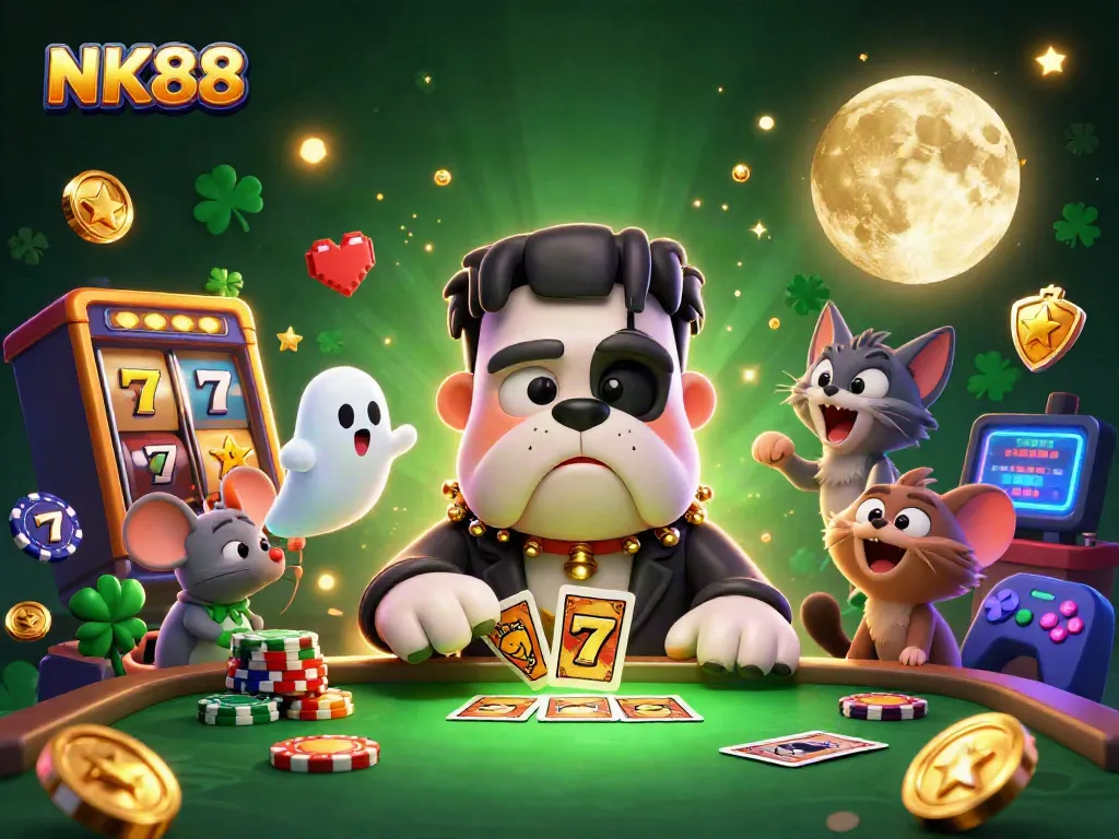 Experience the excitement of NK88 with a vibrant 3D casino scene featuring colorful slot reels and engaging characters.