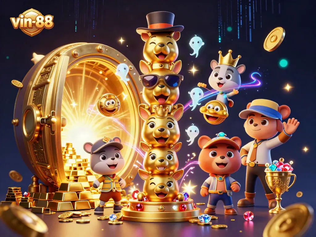 Experience the thrilling ambiance of vin-88 with dynamic gold elements and a golden totem pole illustration.